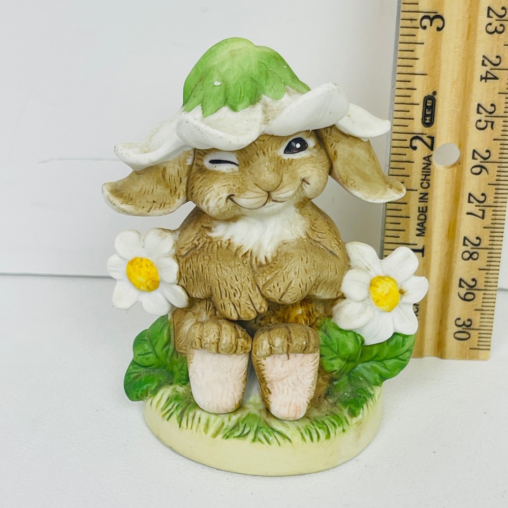 Current Bunny Figurine Winking Rabbit Flower Hat 6170 Brown White Spring Decor